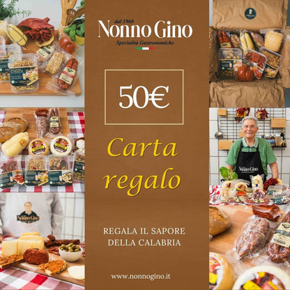 Carta Regalo Nonno Gino - Autentici Sapori Calabresi gift box with Calabrian food products, including salami, cheese, and olive oil